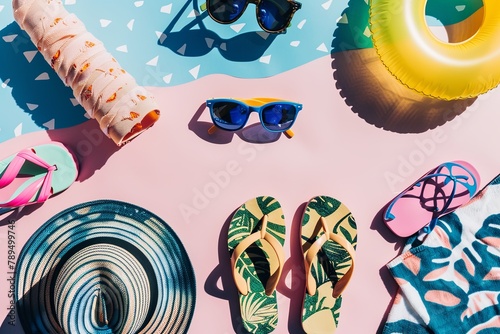 Chic Summer Essentials: Trendy flip flops, oversized sun hats, and stylish sunglasses arranged artistically alongside beach towels and floaties, evoking the fashionable spirit of summer photo