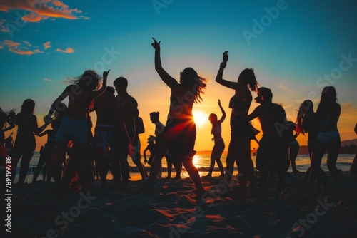 Silhouettes sway in a vibrant sunset at a tropical beach dance party, epitomizing summer joy.