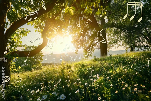 Summer Serenade: Musical notes dancing in the air amid a backdrop of sunlit meadows and swaying trees, conveying the melodic harmony of nature during summer
