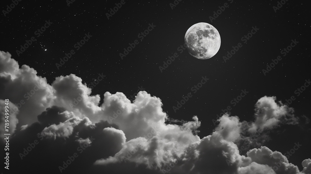 Black and white photography of the night sky and moon. Landscapes photography
