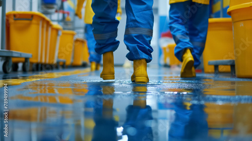 Workers in protective gear stride confidently across a gleaming wet floor in an industrial facility, reflecting strict safety standards.