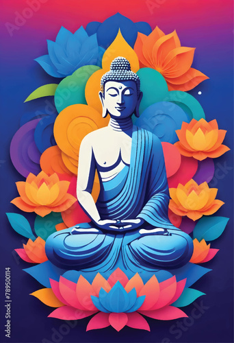 a poster with a buddha sitting in lotus flowers