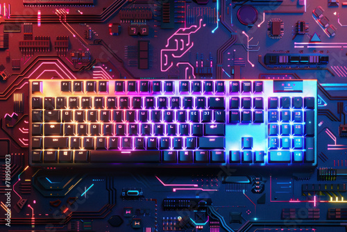 colorful glowing neon computer keyboard with a circuit board background. concept for gaming, technology and cyber security photo