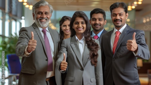 group of indian businessman and business woman showing thumbs up with a office background, ultrarealistic