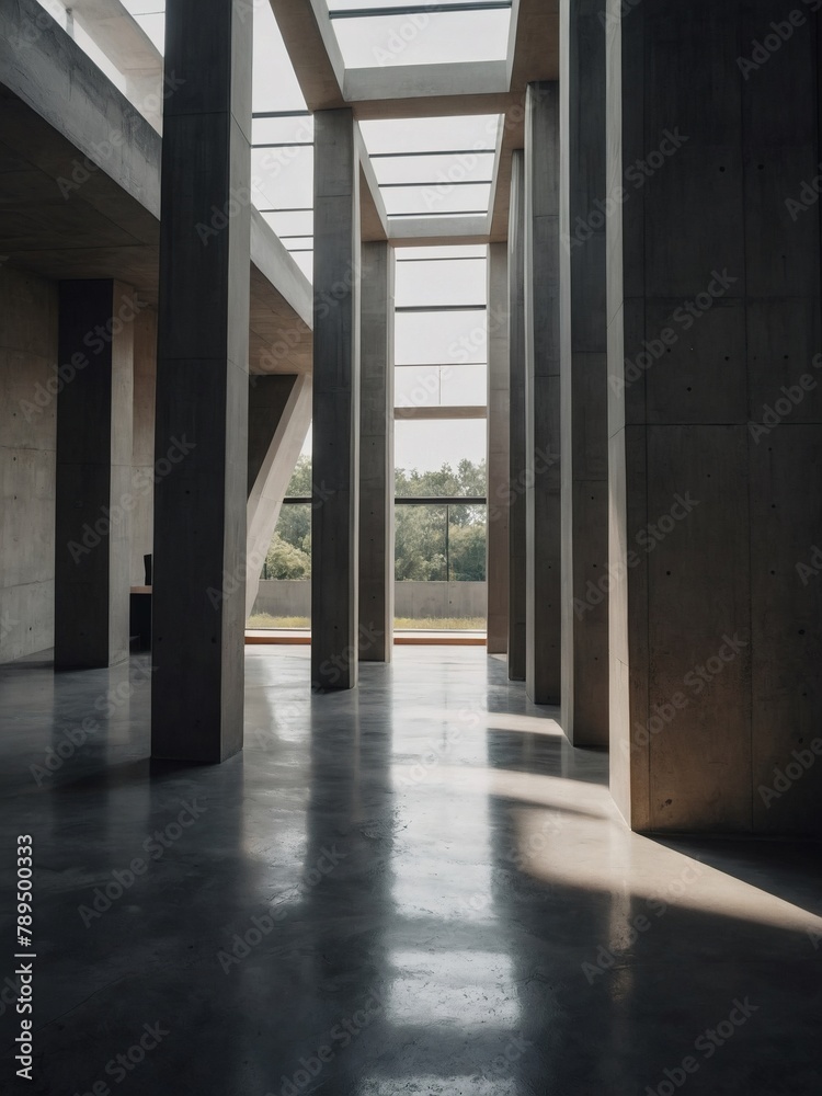 Minimalistic concrete interior with angular columns and modern design.