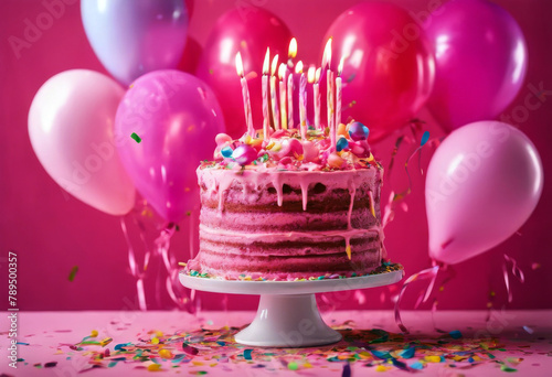 takes pink filled confetti birthday festive stage celebration vibrant center excitement joyous A adorned balloons colorful cake creating atmosphere party candle ba