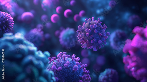 3D-rendered virus particles with neon blue and purple hues indicating a microscopic world. photo