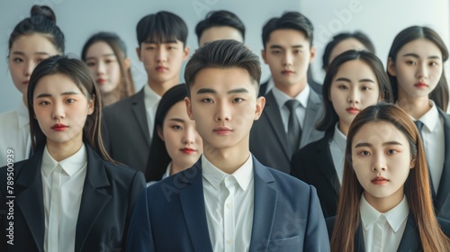 A group of young Chinese individuals in business suits  facing the camera with proud expressions.