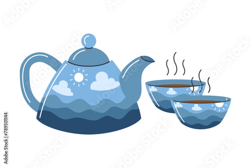 Teapot and cups. Tea kettle with two bowls. Vector illustration	
