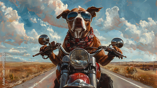 A dog wearing a hat and sunglasses rides a motorcycle, exuding coolness and adventure under the sun, illustrating the joy of pet companionship and outdoor exploration