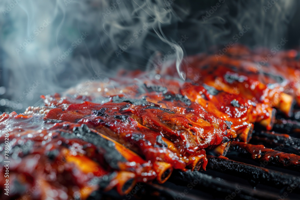 close up of perfectly grilled ribs on the grill with smoke, covered with red barbecue sauce