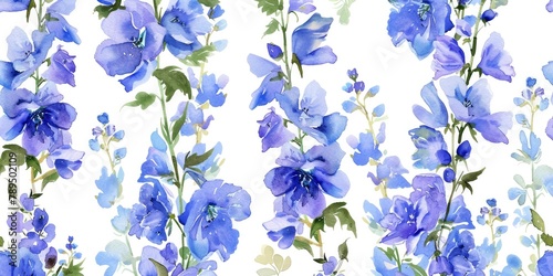 a smooth design of many blue delphiniums with stem on a white background  © MSTSANTA