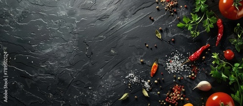 A black stone cooking surface with spices and vegetables, seen from above. Space available for your text.