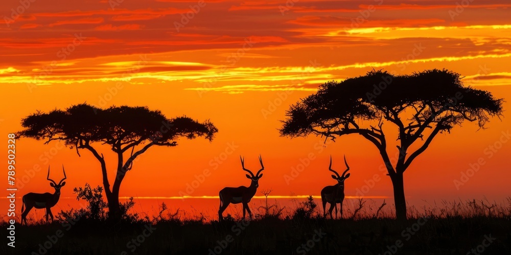 beautiful African sunset with the silhouettes of antelope and gazelles in the background