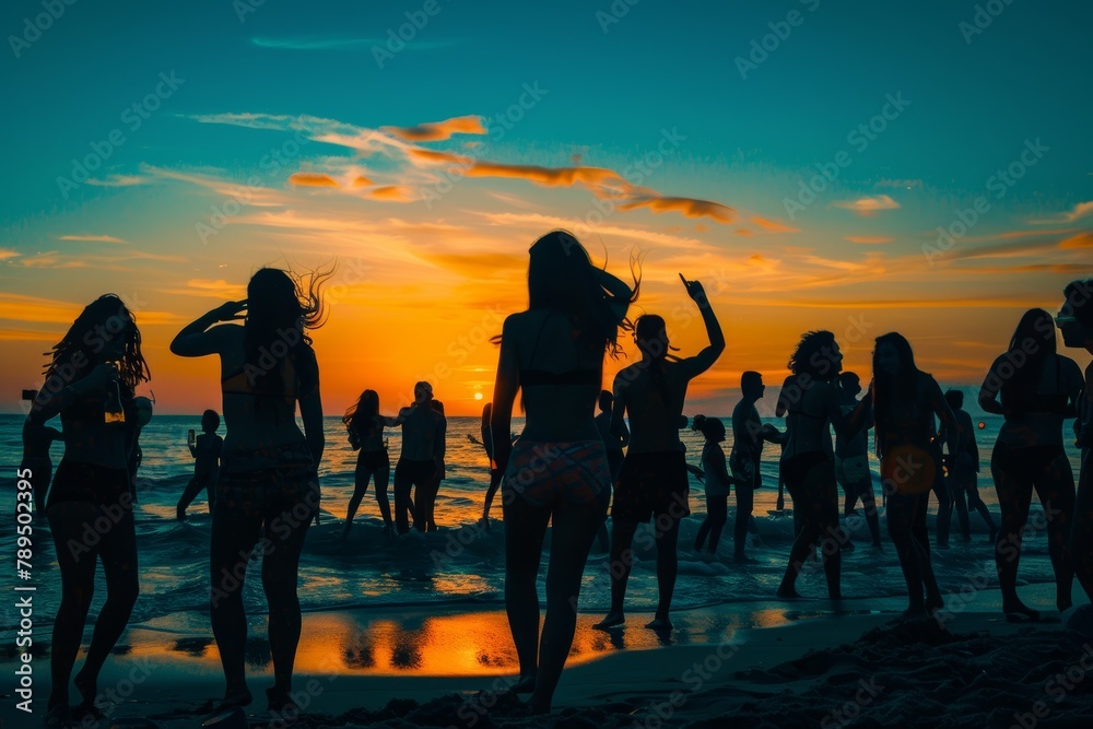 Silhouettes sway in a vibrant sunset at a tropical beach dance party, epitomizing summer joy. Silhouettes sway in a vibrant sunset at a tropical beach dance party, epitomizing summer joy.