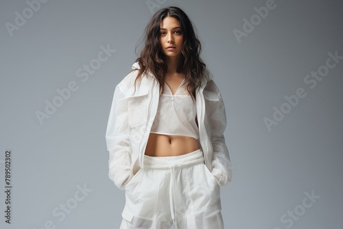 Woman Posing in White Pants and Jacket: Translucent Medium Style photo