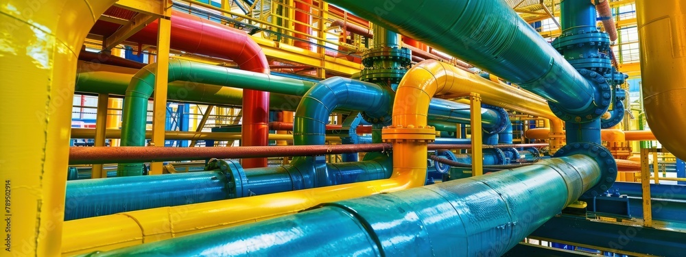 An wide view of an industrial oil and gas production plant that highlights big pipelines and colourful machinery