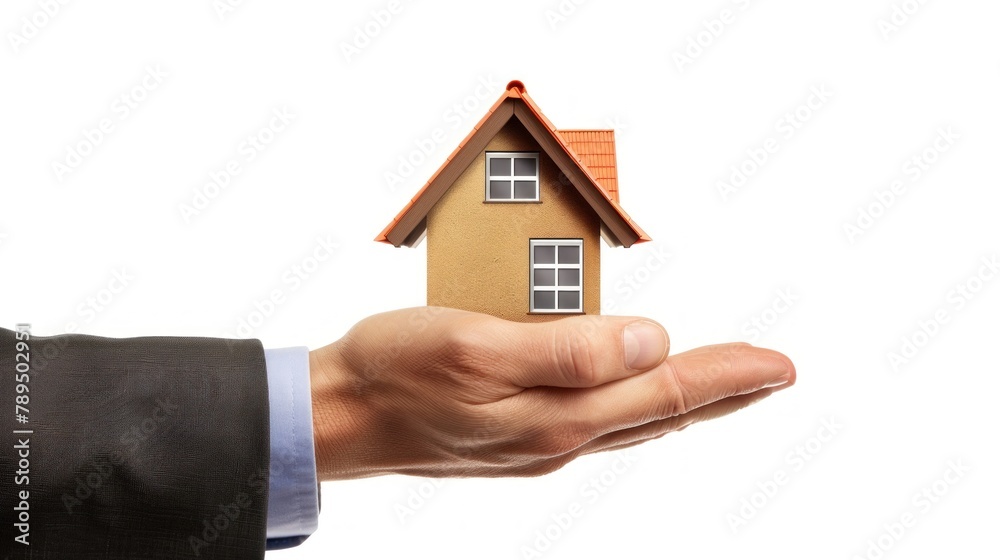 one hand wearing suit holding house. white background one hand wearing suit holding house. white background