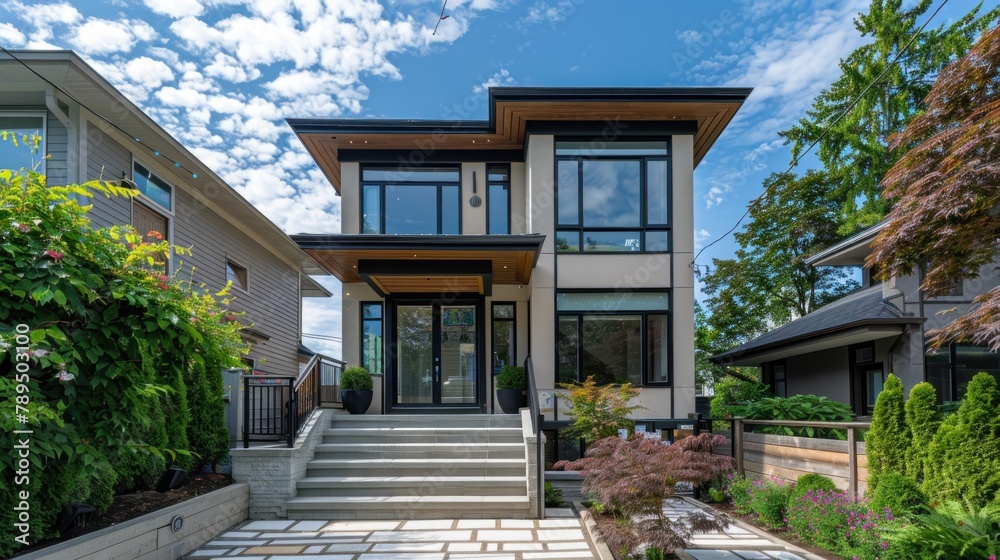 photograph exterior perfect neigborhood single family residential house, clean windows, beautiful blue sky, minimal clouds 