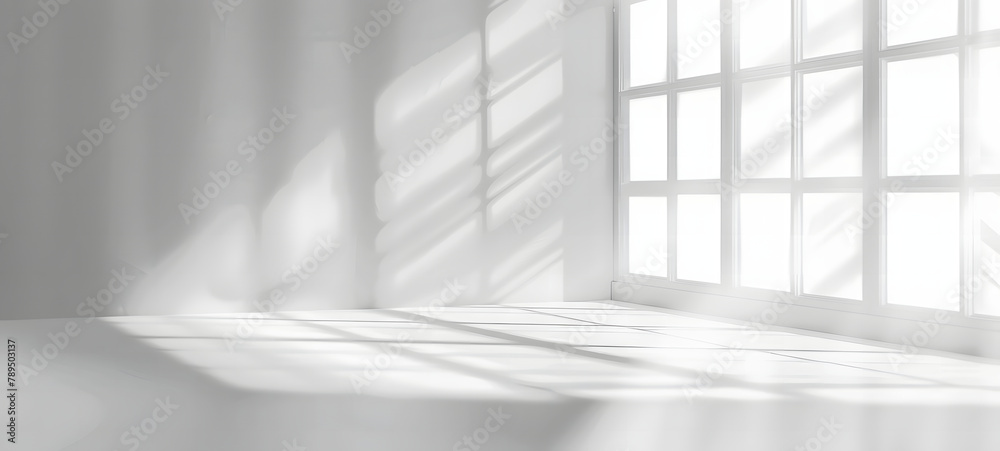 A serene and minimalist image capturing the play of light and shadows on a white wall through a large window, invoking calmness and purity. 3d render of white empty room with window and sunlight on it A serene and minimalist image capturing the play of light and shadows on a white wall through a large window, invoking calmness and purity. 3d render of white empty room with window and sunlight on it
