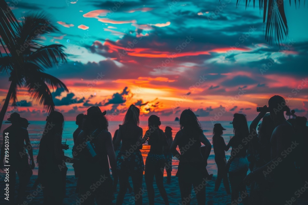 Silhouettes sway in a vibrant sunset at a tropical beach dance party, epitomizing summer joy. Silhouettes sway in a vibrant sunset at a tropical beach dance party, epitomizing summer joy.