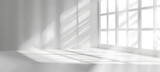 A serene and minimalist image capturing the play of light and shadows on a white wall through a large window, invoking calmness and purity. 3d render of white empty room with window and sunlight on it