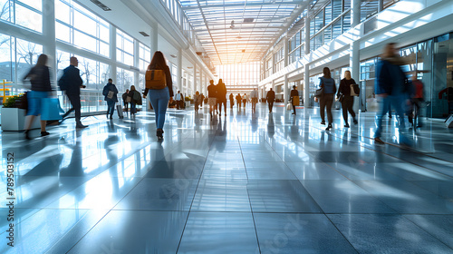 A bustling airport scene capturing the blur of people on the move, reflecting the fast pace of travel and the modern, airy architecture of the terminal. Silhouettes of people walking in the lobby.