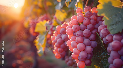 Vibrant and close-up shot of sun-kissed grapes hanging from a vine in a vineyard during the golden hour, illustrating agriculture and viticulture