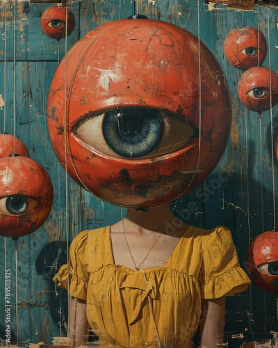 A woman with a giant eyeball for a head, lost in a sea of emotionless faces, retro aesthetic, collage of a 70s style, contemporary art. classic illustration of a 50s era, vintage & pop background