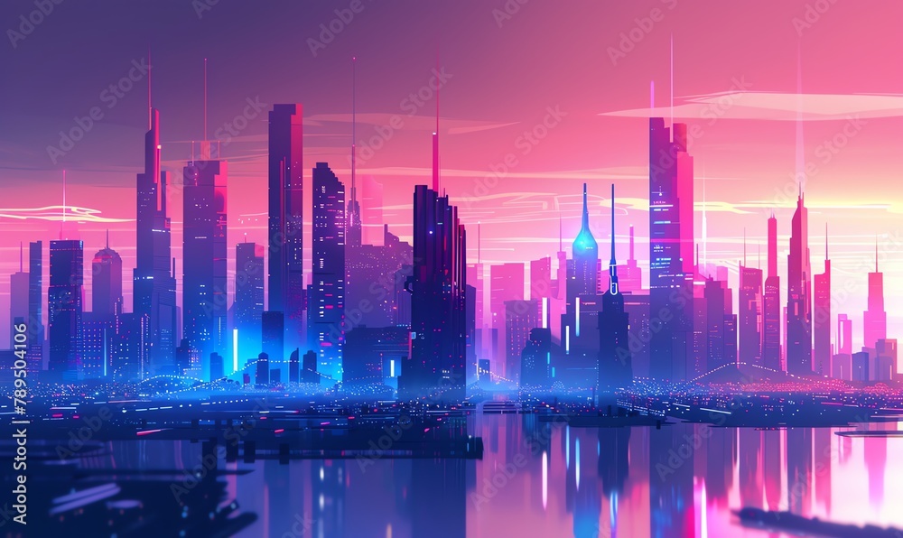 Capture a breathtaking panoramic view of a futuristic cityscape in a sleek, minimalist style, using vector art technique