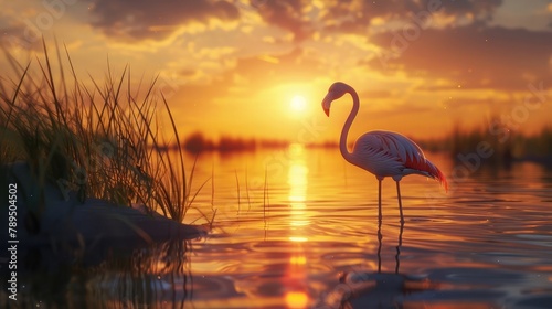 View of a flamingo on a oasis in the Sahara desert at sunset 