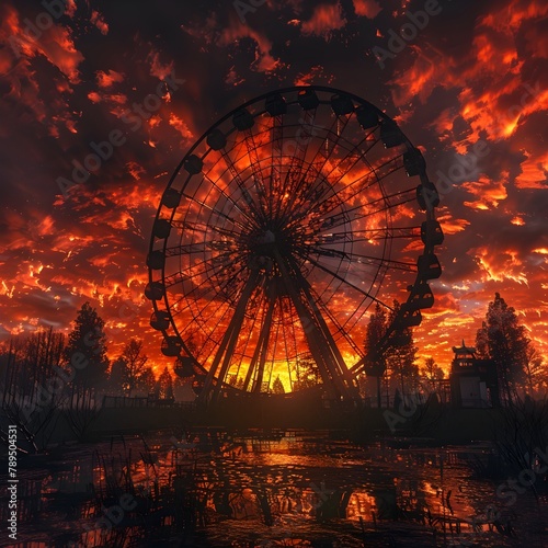 Haunting Silhouette of a Ferris Wheel Against the Fiery Sunset Sky with Melancholy Rust-Colored Faded Vibrant Colors in a 3D with Clarity © JITTAPON