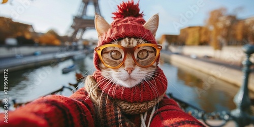 A cat in autumn clothes and glasses takes a selfie in Paris. The concept of travel