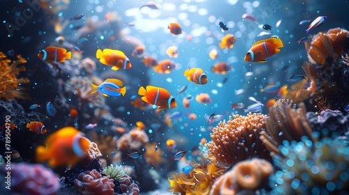 Mesmerizing Underwater Seascape with Vibrant Schools of Colorful Fish and Bioluminescent Creatures Amid Intricate Coral Formations