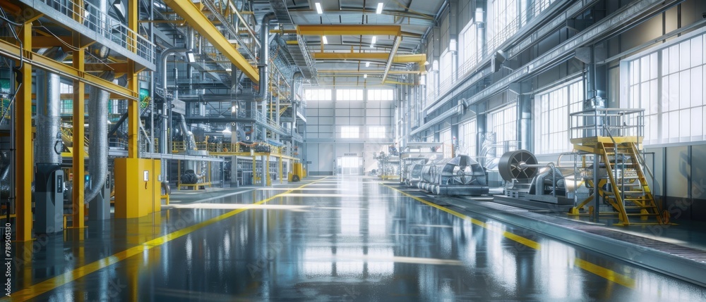 Advanced manufacturing facility visualized. Eco-friendly production methods are in operation. This facility uses renewable energy and reduces waste, showcasing the company's environmental commitment