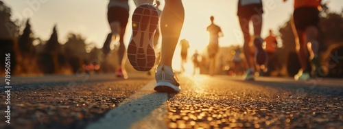 closeup of a runners feet and legs during a marathon at dusk with other competitors in the background © MSTSANTA