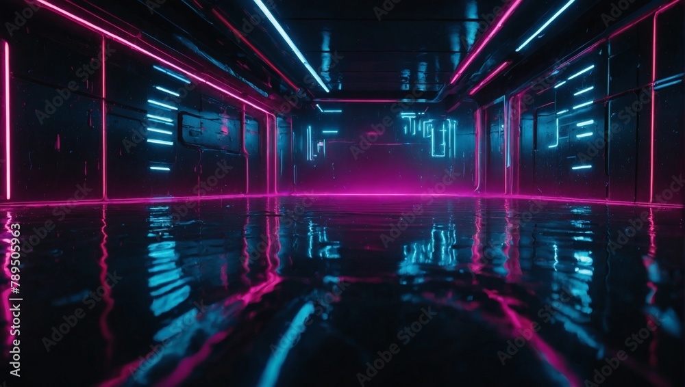 Modern futuristic neon abstract background. Linear object in the center, galaxy background. Dark scene with neon light. Reflection of light on a wet surface.