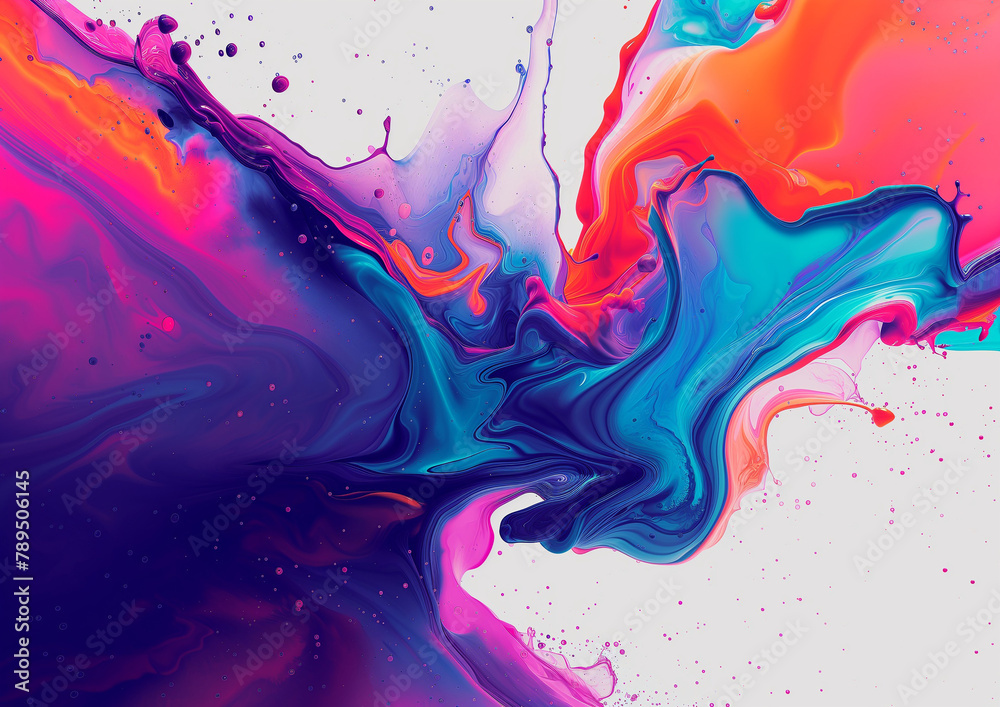Splash of multi-colored liquid paint on a white background, abstract banner. Spray of rainbow paint poster. Bright colorful wallpaper. Digital raster bitmap. Photo style. AI artwork.