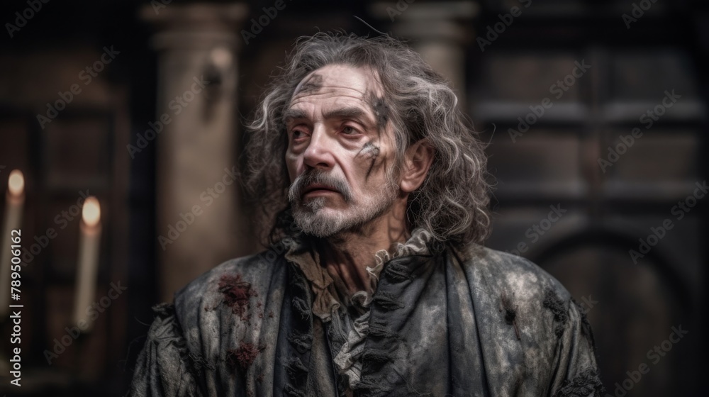 The Shakespearean Soliloquy, Amidst the grandeur of a Renaissance-era castle, an actor delivers a stirring Shakespearean soliloquy. Generated AI.