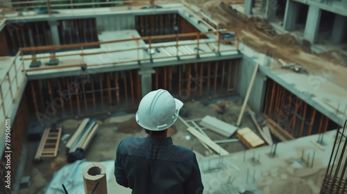The architect, clad in a hardhat, surveys the active construction site with a critical eye, meticulously scrutinizing the work to ensure adherence to plans and monitor progress.
