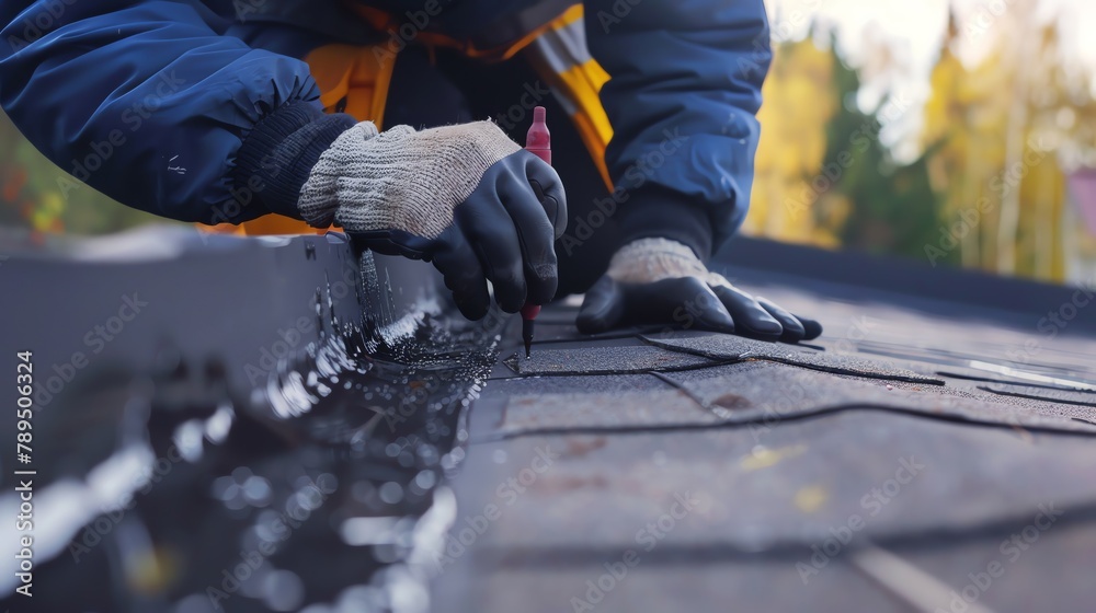 Roofer sealing roof vents and flashing with caulk, ensuring no water penetration at vulnerable areas Roofer sealing roof vents and flashing with caulk, ensuring no water penetration at vulnerable areas