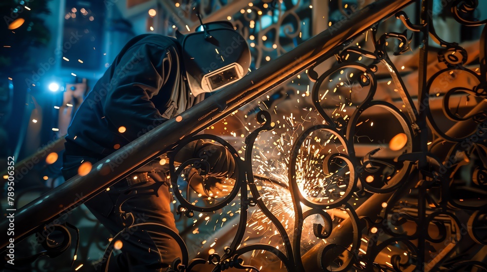 Showers of sparks cascading as welder deftly fabricates an ornate stair railing, fusing together intricate twisted wrought iron balusters with practiced skill.