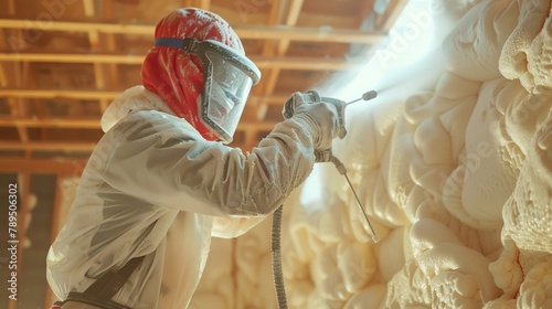 Insulation installer donning protective suit, precisely spraying expanding foam insulation into every gap and crevice to achieve an effective air-tight seal.