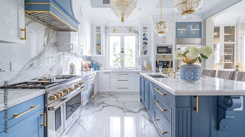 A luxurious white and blue kitchen with gold hardware stainless steel appliances and white marbled granite countertops