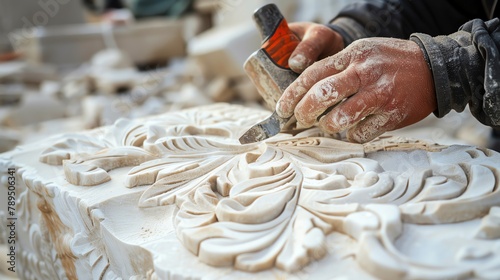 Skilled stonemason chiseling decorative pattern into limestone block with deft, controlled strokes