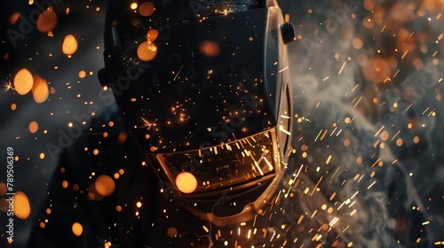 Welder's visor down, sparks flying as metal pieces fuse together in blinding arc photo