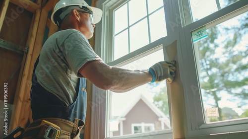 Window installer carefully integrating flashing and weatherproofing details into new window openings for maximum protection against water intrusion and air leaks.