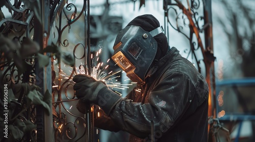 Welder crafting intricate metalwork, bending and welding pieces into ornamental garden trellis with artistry photo
