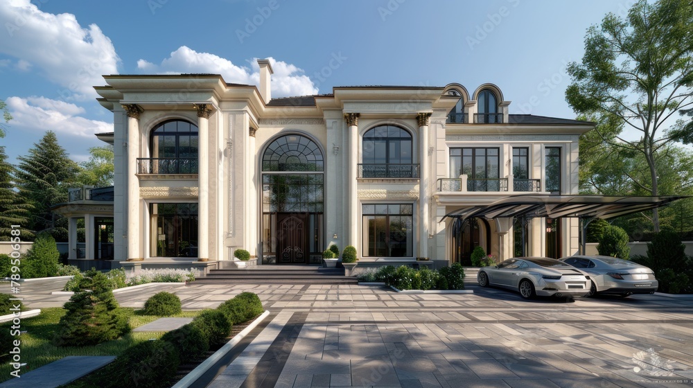 Photorealistic modern luxury house with two floors, primary color of the house is cream and white with trims of deep brown, the house has large windows, 