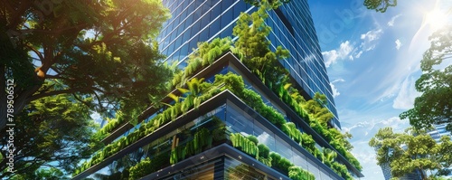 Eco friendly modern office building with green, real trees cutting carbon dioxide levels to protect the environment